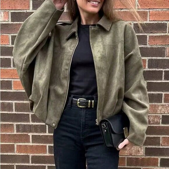 Army Green Casual Women's Loose Long Sleeves Zip up Bomber Coat Jacket - Picture 3 of 6